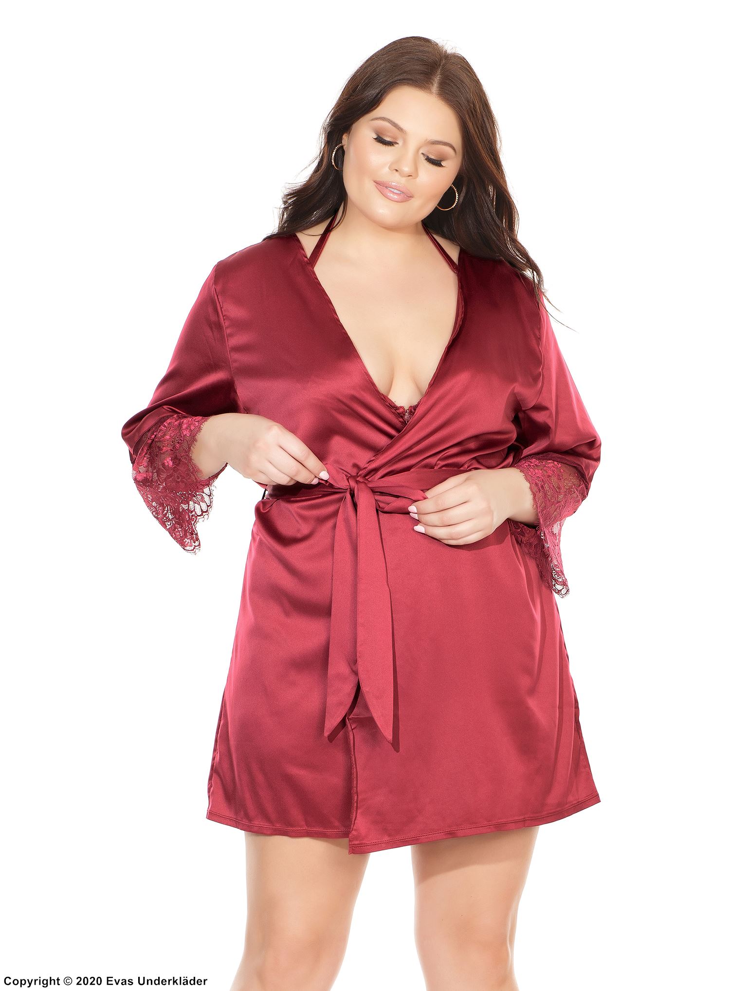 Eleganter Morgenrock, Satin, Wimpernspitze, Plus Size